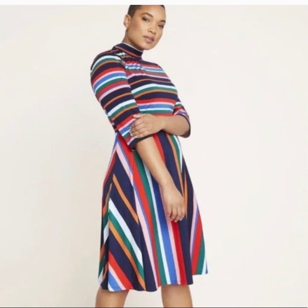 Eloquii Rainbow Striped Mock Neck Fit and Flare Tie Neck Midi Dress Size 24
